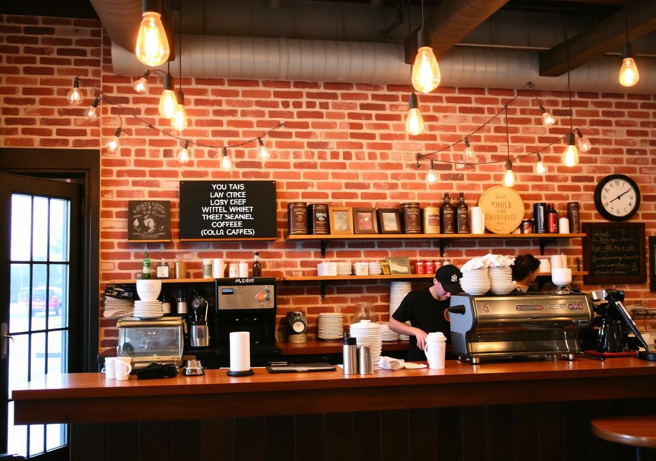 Cozy coffee shop interior with brick wall and pendant lights